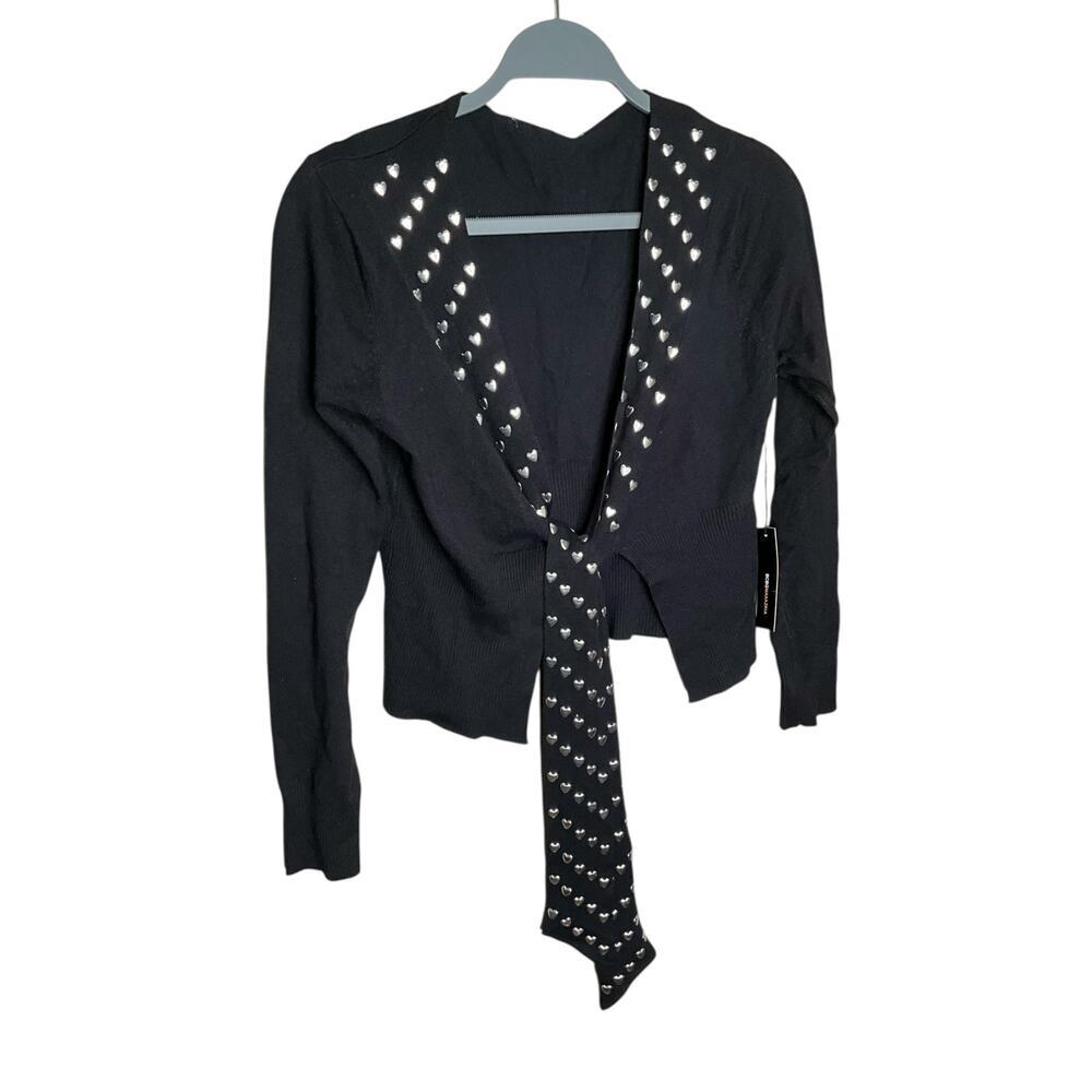 BCBGMAXAZRIA Bolero Cropped‎ Cardigan Knit Heart Stud Accent Black Size L NWT